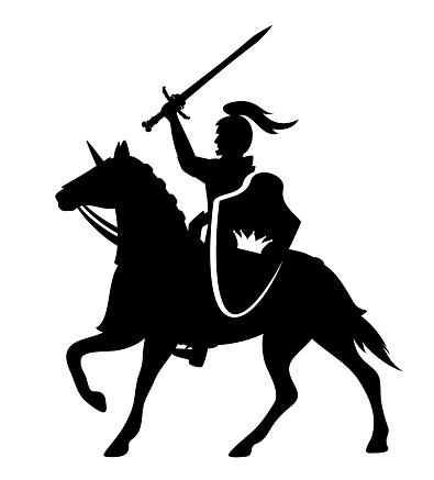 royal knight with sword and shield riding a horse - black and white vector silhouette design