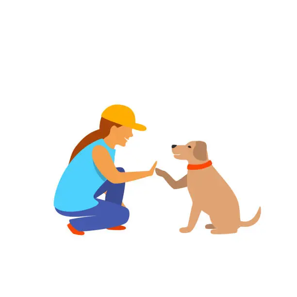 Vector illustration of girl and dog greeting isolated vector graphic scene