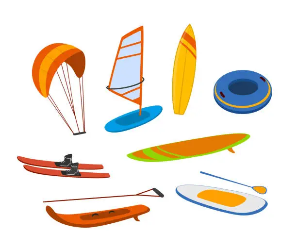 Vector illustration of watersport items, surfboards, tubes, windsurfing water ski wakeboard kite, paddleboard graphics set