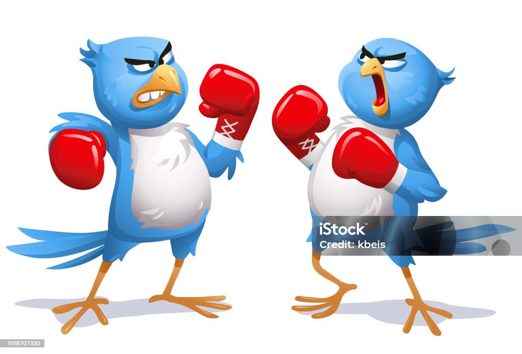Two Angry Blue Birds Boxing Vector illustration of two angry blue birds fighting with boxing gloves, screaming at each other. Concept for outrage on social media, bullying, heated discussions on the internet, online harassment and hashtag movements. Fighting stock vector