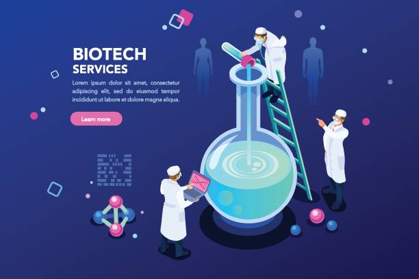 Dna and Blue Science Background Health and biochemistry laboratory of nanotechnology. Molecule helix of dna, genome or gene evolution. Vector blue science genome clone sequence concept with characters. Flat isometric illustration. life science lab stock illustrations