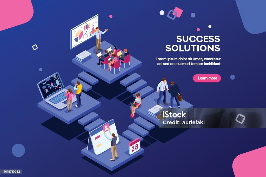 Homepage for Small Office Website Isometric analysis, data investment for project. Solutions, visualization, analyzing of success. Business workplace, consulting app, career website, mobile website. Small office group modern homepage. Isometric Projection stock vector