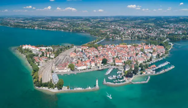 Huge aerial panorama of the historical town Lindau by the beautiful Lake Constance, Bodensee. Converted from RAW.