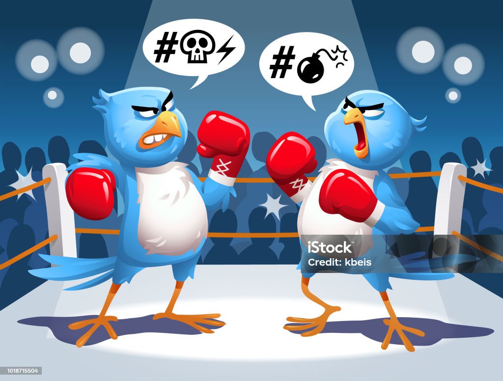 Two Blue Birds Fighting In A Boxing Ring Vector illustration of two angry blue birds fighting in a boxing ring, screaming at each other. Concept for outrage on social media, bullying, heated discussions on the internet, online harassment and hashtag movements. Boxing Ring stock vector