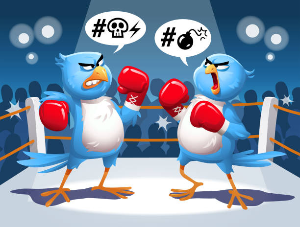Two Blue Birds Fighting In A Boxing Ring Vector illustration of two angry blue birds fighting in a boxing ring, screaming at each other. Concept for outrage on social media, bullying, heated discussions on the internet, online harassment and hashtag movements. violence boxing fighting combative sport stock illustrations