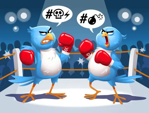 Vector illustration of Two Blue Birds Fighting In A Boxing Ring