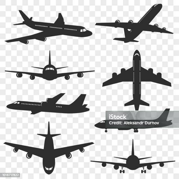 飛行機のシルエットのセット透明な背景に分離された平面シルエットさまざまな角度で旅客航空機ベクター Eps 10 - 飛行機のベクターアート素材や画像を多数ご用意