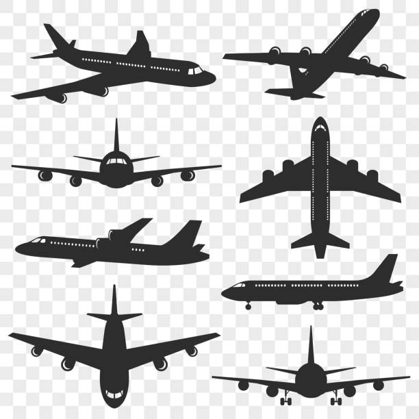 Airplanes silhouettes set. Plane silhouette isolated on transparent background. Passenger aircraft in different angles. Vector eps 10. Airplanes silhouettes set. Plane silhouette isolated on transparent background. Passenger aircraft in different angles. Vector eps 10. airplane icons stock illustrations