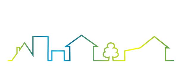 도시 풍경, 집, 나무, 벡터 아이콘의 윤곽선 색 - housing development illustrations stock illustrations
