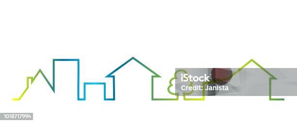 Cityscape Colored Outline Of Houses And Tree Vector Icon Stock Illustration - Download Image Now