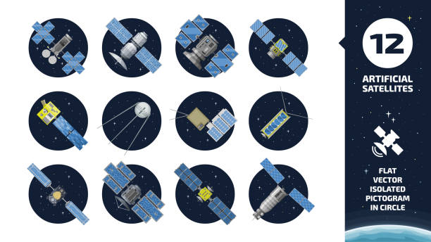 12 wektor płaski izolowany kolor komunikacji sztucznej ikony satelitarnej w tle przestrzeni koła z gps śledzenia stacji radarowej, panel słoneczny i naczynia. - satellite dish stock illustrations