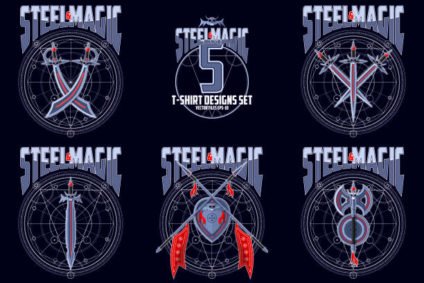 istock T-shirt or poster illustration. Sabres, shields and spears with runes on a dark magical background and symbols of the planets. 1018724178