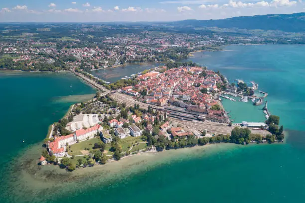 Huge aerial panorama of the historical town Lindau by the beautiful Lake Constance, Bodensee. Converted from RAW.