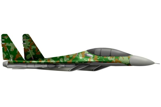istock fighter, interceptor flying with summer camouflage with fictional design - isolated object on white background. 3d illustration 1018728524