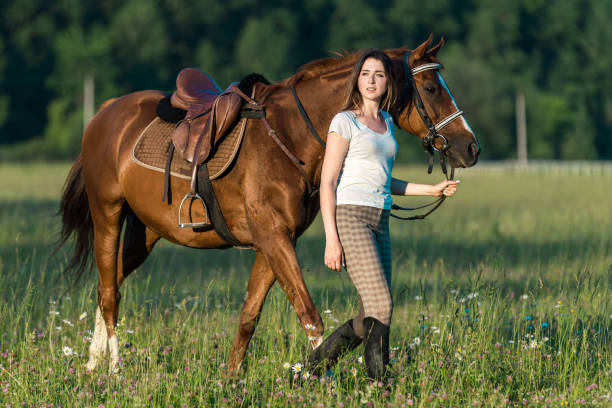 istock Charming Woman Walks with Her Horse on Meadow 1018731274