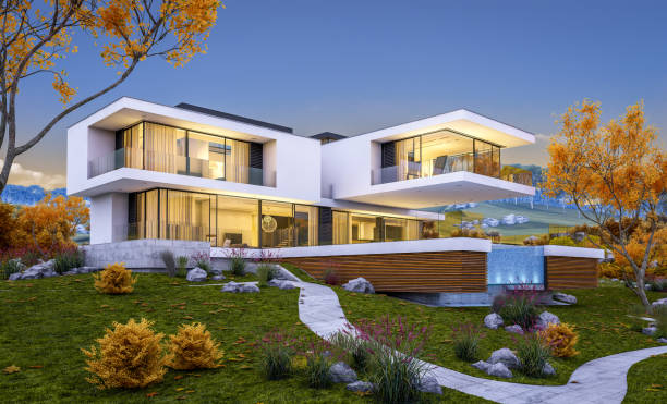 istock 3d rendering of modern cozy house by the river. Cool autumn evening with soft light. 1018731396