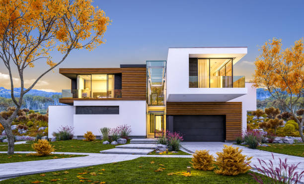 istock 3d rendering of modern cozy house by the river. Cool autumn evening with soft light. 1018731406