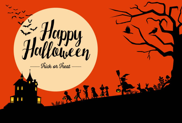 illustrazioni stock, clip art, cartoni animati e icone di tendenza di sfondo di halloween, silhouette di bambini che vanno in trucco o trattano, illustrazione vettoriale - trick or treat