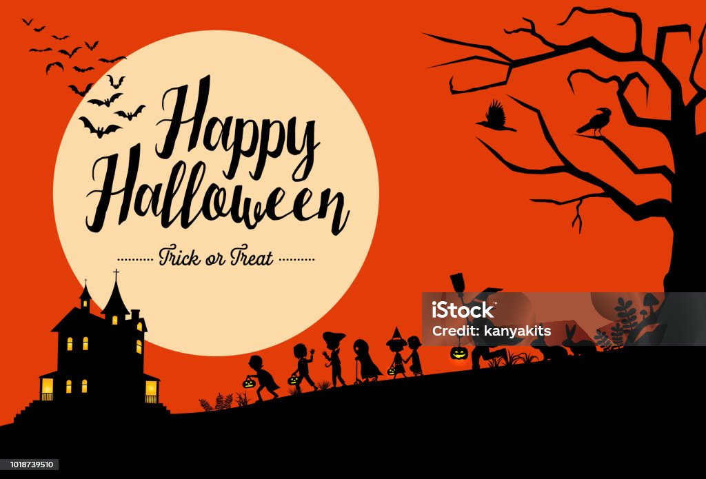 Halloween background, Silhouette of children going trick or treating, Vector Illustration EPS 10 Halloween stock vector