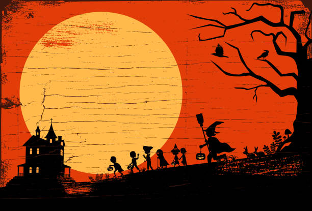 ilustrações de stock, clip art, desenhos animados e ícones de halloween background, silhouette of children going trick or treating on a wooden board, vector illustration - halloween witch child pumpkin