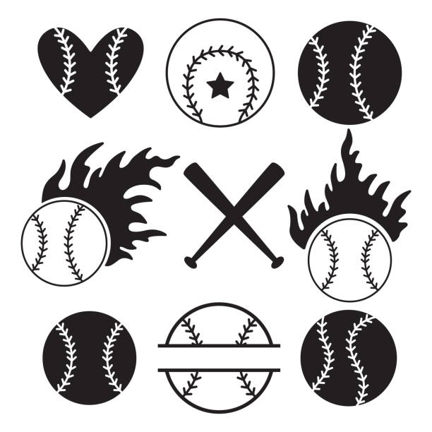 Print Set of baseball balls, bats, fire, heart. Vector illustration isolated on white background. baseball threads stock illustrations