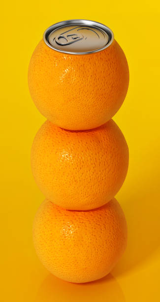 istock Aluminum soda can top cover on fresh oranges. 1018746030