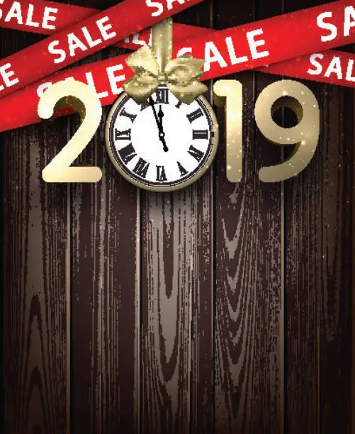 Vector illustration of Wooden sale 2019 background with gold clock and ribbons.