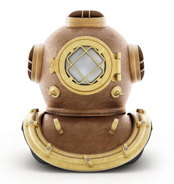 Old diving helmet with bronze and gold materials isolated on white.