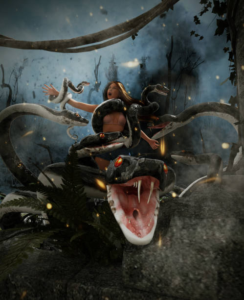 Giant fantasy snake attack a woman