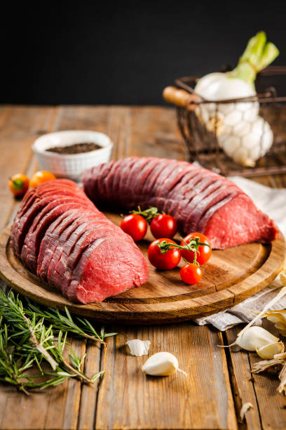 Fresh and raw meat. Sirloin medallions steaks stock photo