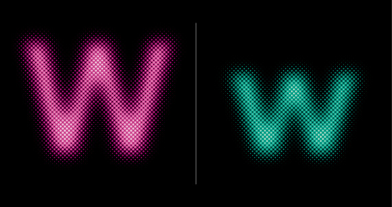 Capital and lower case letter W. This vector file is part of the 'neon half tone design set', playing with circular half tone raster imitating glow effects as known by neon lights.