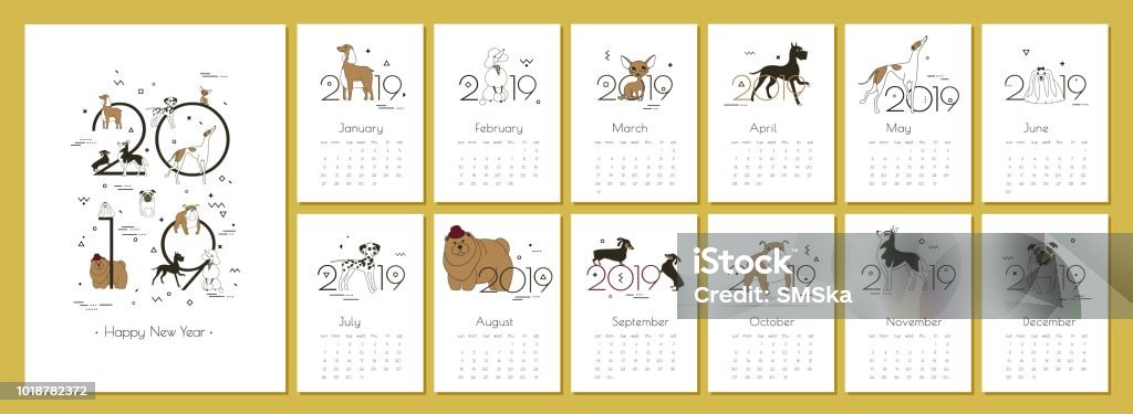 Monthly creative calendar 2019 with dog breeds Vector illustration A4 Monthly creative calendar 2019 with dog breeds for dog breeders and dog lovers Yellow - the color of the year in the Chinese calendar Concept, vector editable template Minimal Memphis Vector A4 Dog stock vector