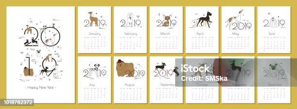 Monthly Creative Calendar 2019 With Dog Breeds Vector Illustration A4 Stock Illustration - Download Image Now