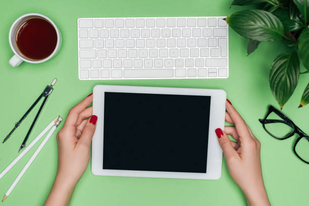 istock cropped image of female architect holding digital tablet with blank screen at table with divider, coffee and potted plant 1018805342