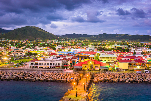 Basseterre, St. Kitts and Nevis town skyline at the port.