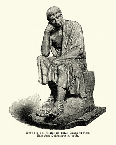 Vintage engraving of a Statue of Aristotle, an ancient Greek philosopher and scientist born in the city of Stagira, Chalkidiki, in the north of Classical Greece. Along with Plato, Aristotle is considered the Father of Western Philosophy
