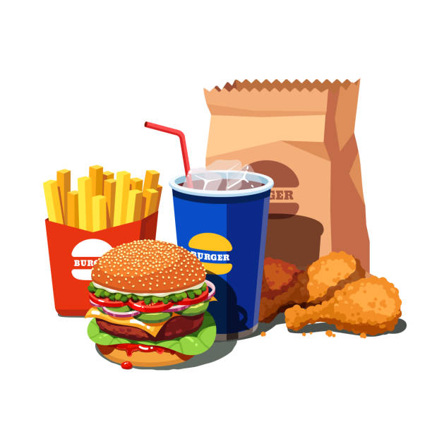 duży zestaw fast foodów z amerykańskim burgerem, filiżanką do napojów bezalkoholowych, frytkami i smażonymi udkami kurczaka. wektor w stylu płaskim - unhealthy eating stock illustrations