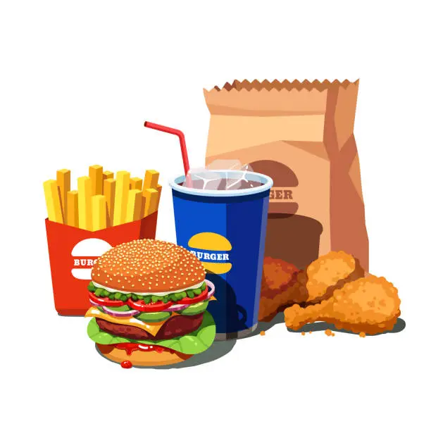 Vector illustration of Big fast food set with American burger, soft drink cup, french fries and fried chicken legs. Flat style vector