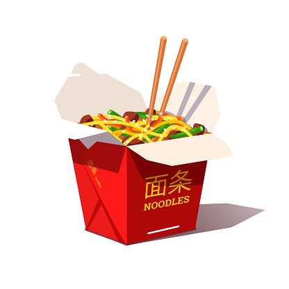 Carton box noodles with veggies and wok fried pork. Oriental Chinese and Japanese food. Flat style vector