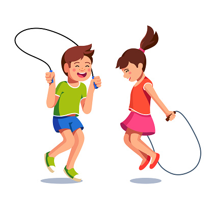 Happy boy and girl jumping up over skipping ropes. Joyful kids activity. Flat style vector
