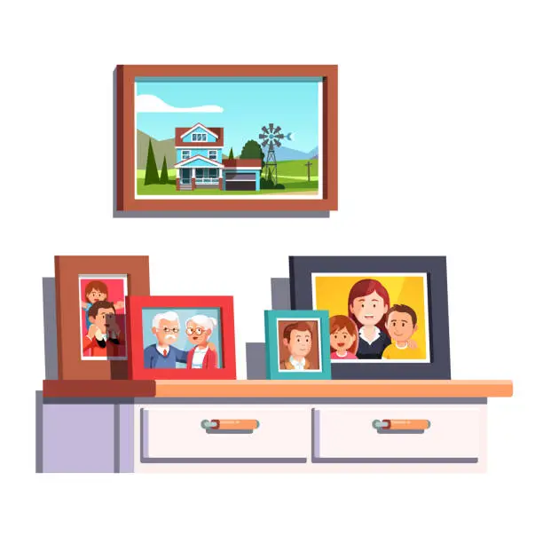 Vector illustration of Collection of family generations relatives  photos in picture frames on chest of drawers table. Flat style vector