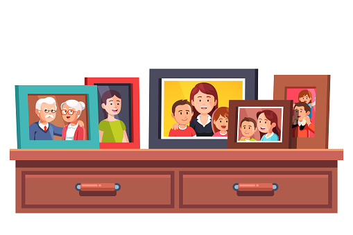 Big family relatives portrait photos frames standing on chest of drawers table top. Parents and kids relationship mementos in picture frames. Flat style vector illustration isolated on white