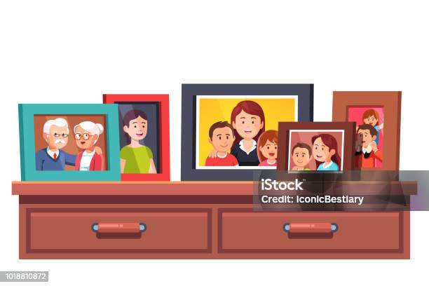 Collection Of Family Generations Relatives Photos In Picture Frames On Chest Of Drawers Table Flat Style Vector Stock Illustration - Download Image Now