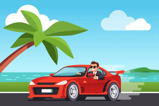Vector illustration of Rich successful business man driving car showing thumbs up gesture at seashore scenery. Flat style vector