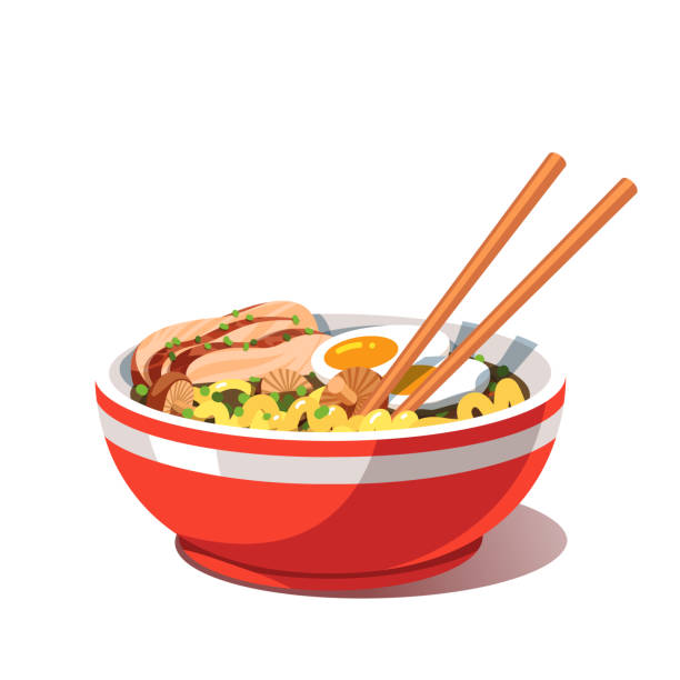 Miso chicken ramen soup bowl with noodles and sticking out chopsticks. Oriental Chinese and Japanese dish. Flat style vector Miso chicken ramen soup bowl with noodles, sliced chashu braised then roasted chicken, boiled eggs, shiitake mushrooms, chopsticks. Traditional oriental Chinese and Japanese dish. Flat vector illustration oriental food stock illustrations