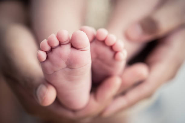 pies de un bebé recién nacido en manos de los padres. oncept de familia feliz. papá y mamá un abrazo las piernas de su bebé. - pies fotografías e imágenes de stock