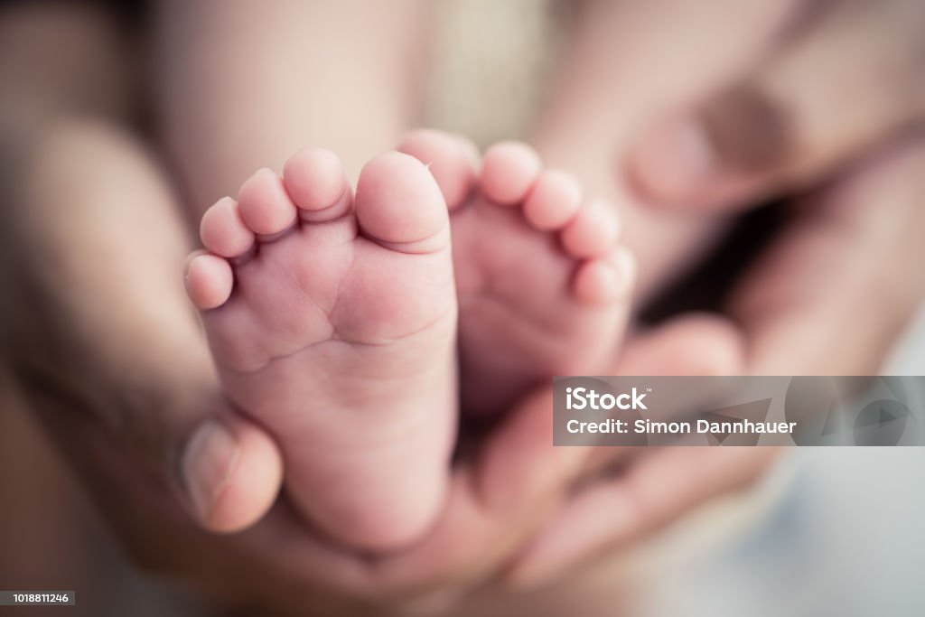 Feet of a newborn baby in the hands of parents. Happy Family oncept. Mum and Dad hug their baby's legs. Baby - Human Age Stock Photo