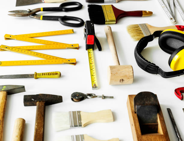 istock Flat lay of various technician tools isolated on white background 1018811758
