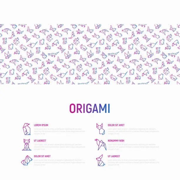 Vector illustration of Origami concept with thin line icons: penguin, camel, fox, bear, sparrow, fish, mouse, bird, elephant, kangaroo, hare, seal, raccoon. Modern vector illustration for workshop with place for text.