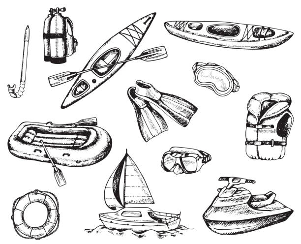 Water sport and travel icons Water sport and travel icons. Set of hand drawn vector kayak, diving and rafting inventory water sport illustrations stock illustrations
